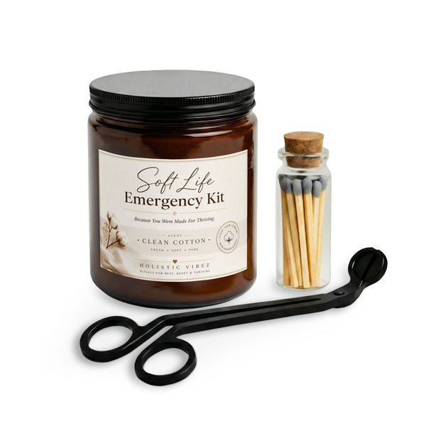Candle Set  "Soft Life Emergency Kit" Clean Cotton Scent with Matches & Wick Trimmer